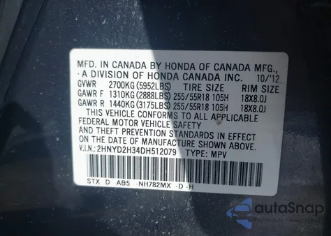 2013 Acura Mdx Technology Package z USA, uszkodzony, nr VIN 2HNYD2H34DH512079